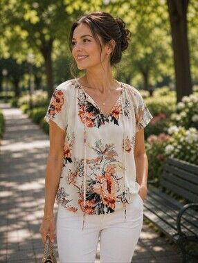 Women's Cream Floral Peasant Blouse with Coral Accents